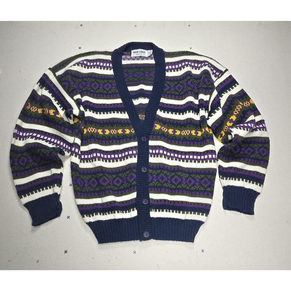Vintage 90s New Era Geometric Knit Cardigan Mens Large Grandpa Sweater Purple